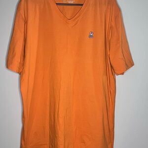 Psycho Bunny Men’s Orange V-Neck Tee Size 8 Skull Bunny Logo EUC